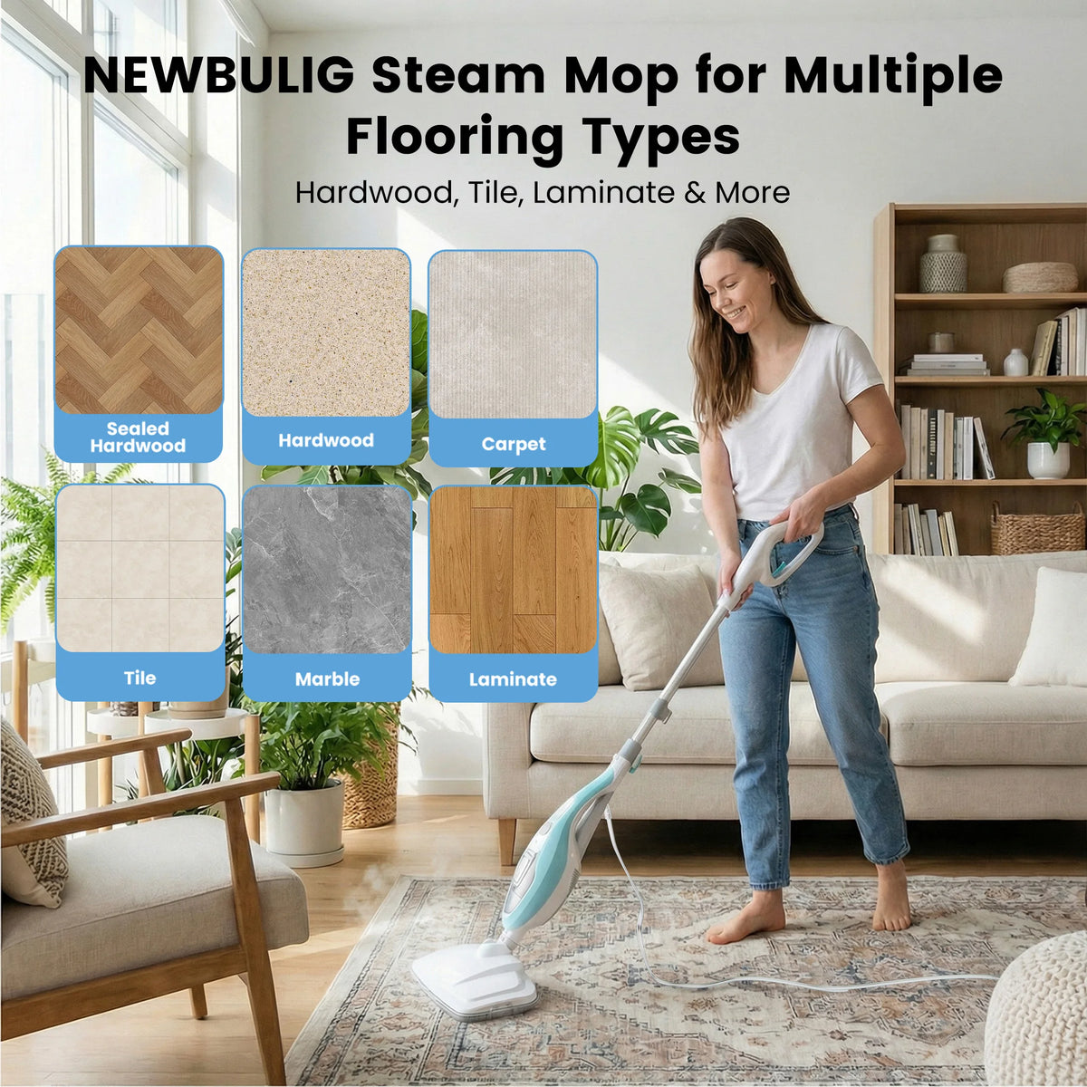 JHK 10-in-1 Multi-Purpose Steam Mop 1550W Detachable Handheld Steam Cleaner for Floor Cleaning 16FT Cord 2 Washable Pads Multi-Purpose