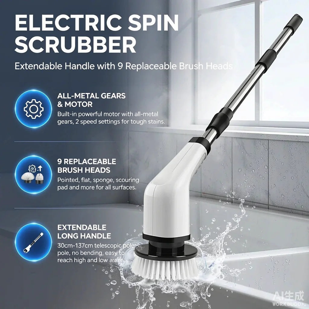 Cordless Electric Spin Scrubber Rechargeable Power Cleaning Brush with 3 or 9 Replaceable Brush Heads Powerful Motor Metal Gear System Extendable Rod Adjustable Handle for Bathroom Kitchen Car Tile Floor Bathtub Shower Grout