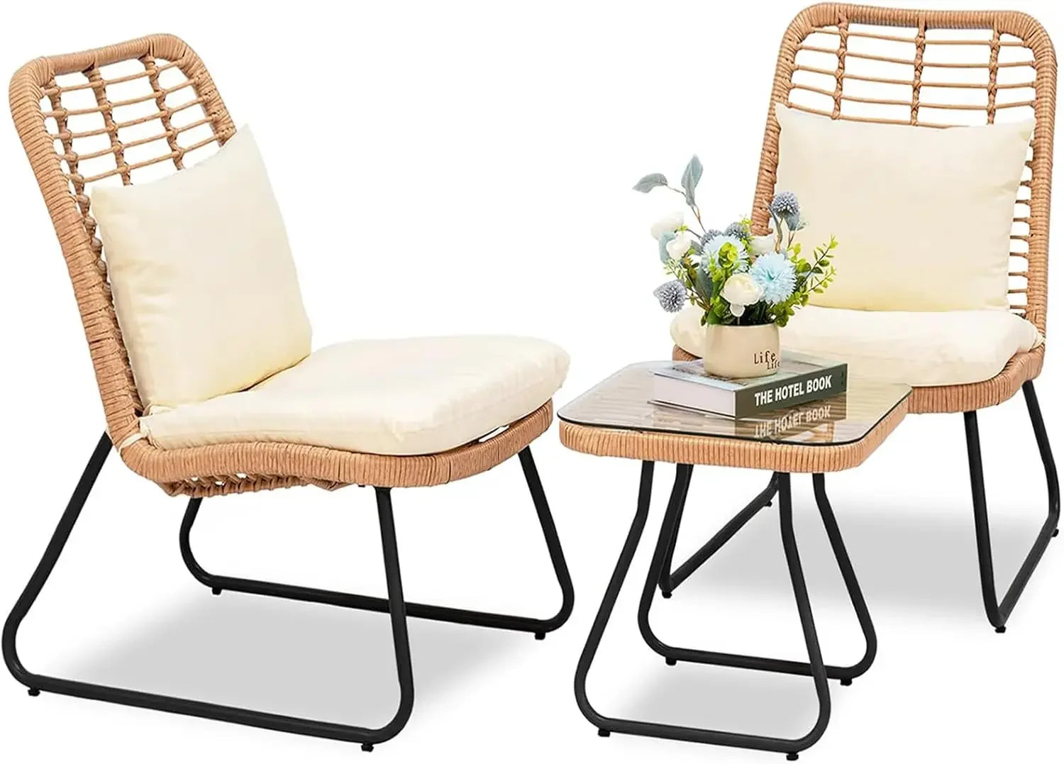 3 Piece Outdoor Wicker Bistro Set, Patio Conversation Set, 2 Large Rattan Chairs W/Tempered Glass Table, Patio Furniture