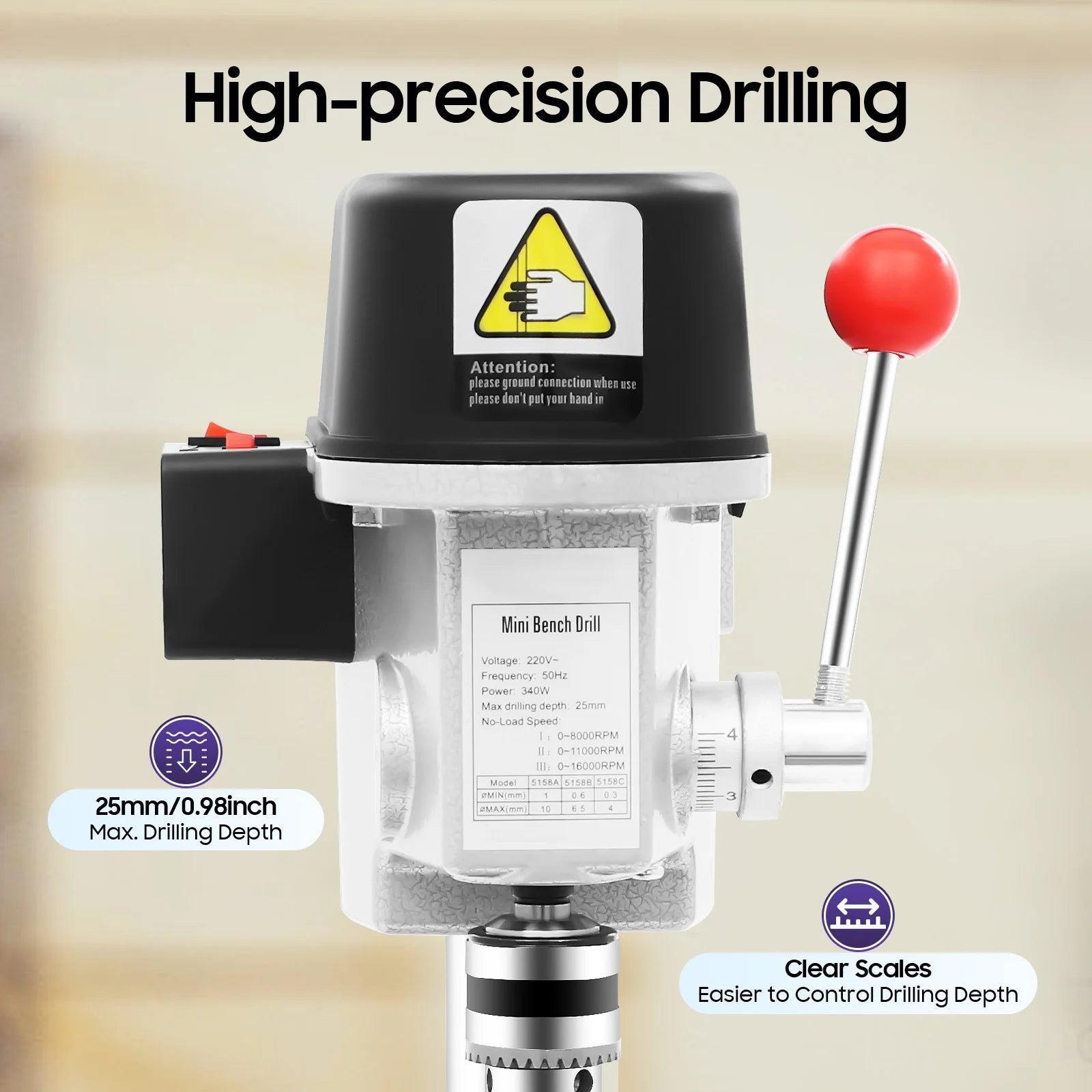 Corded Mini Table Drill, 340W, 16000 RPM, 3 Speed