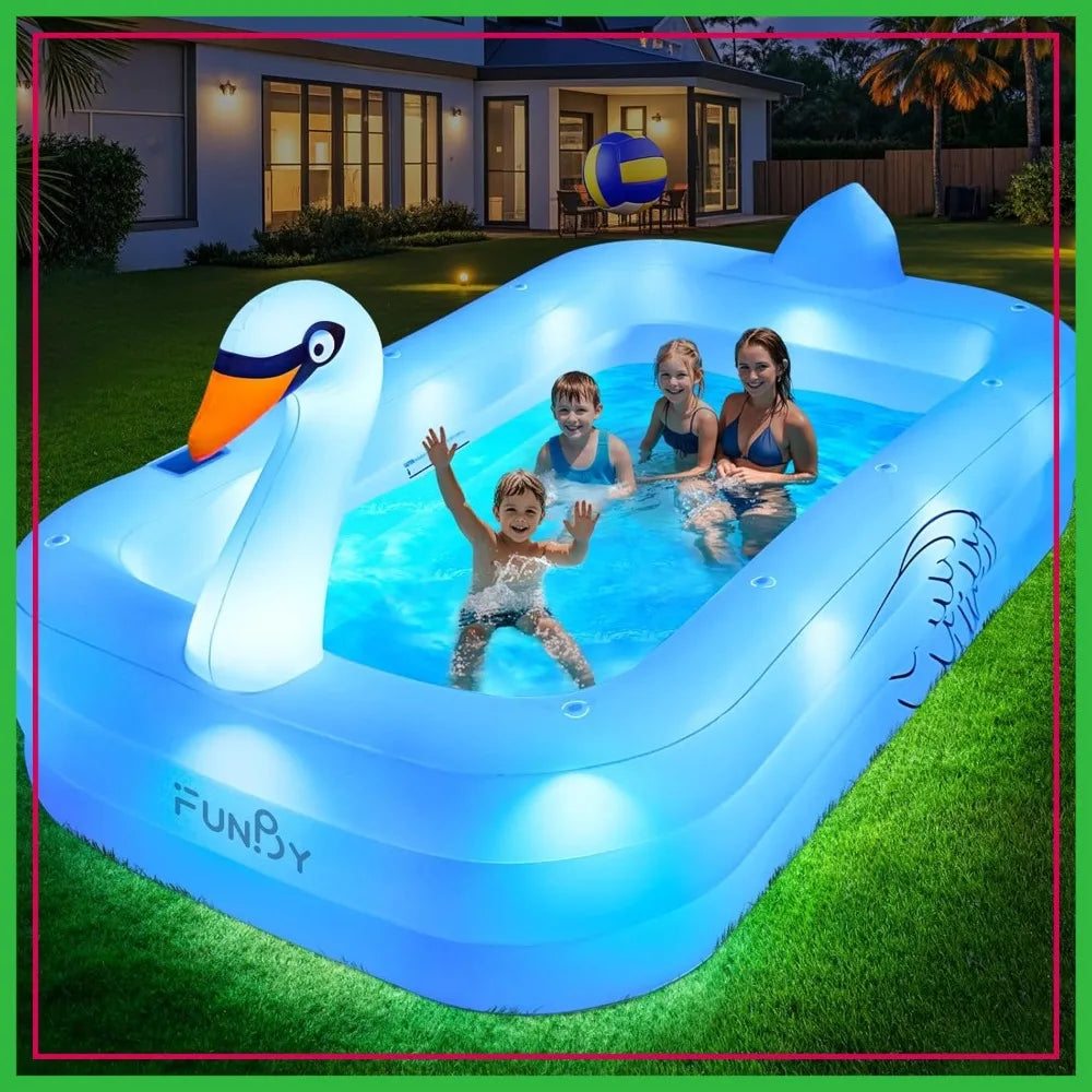 Solar Swan Inflatable Pool with Lights, Oversized Thickened Family Pool 100"x63"x20"