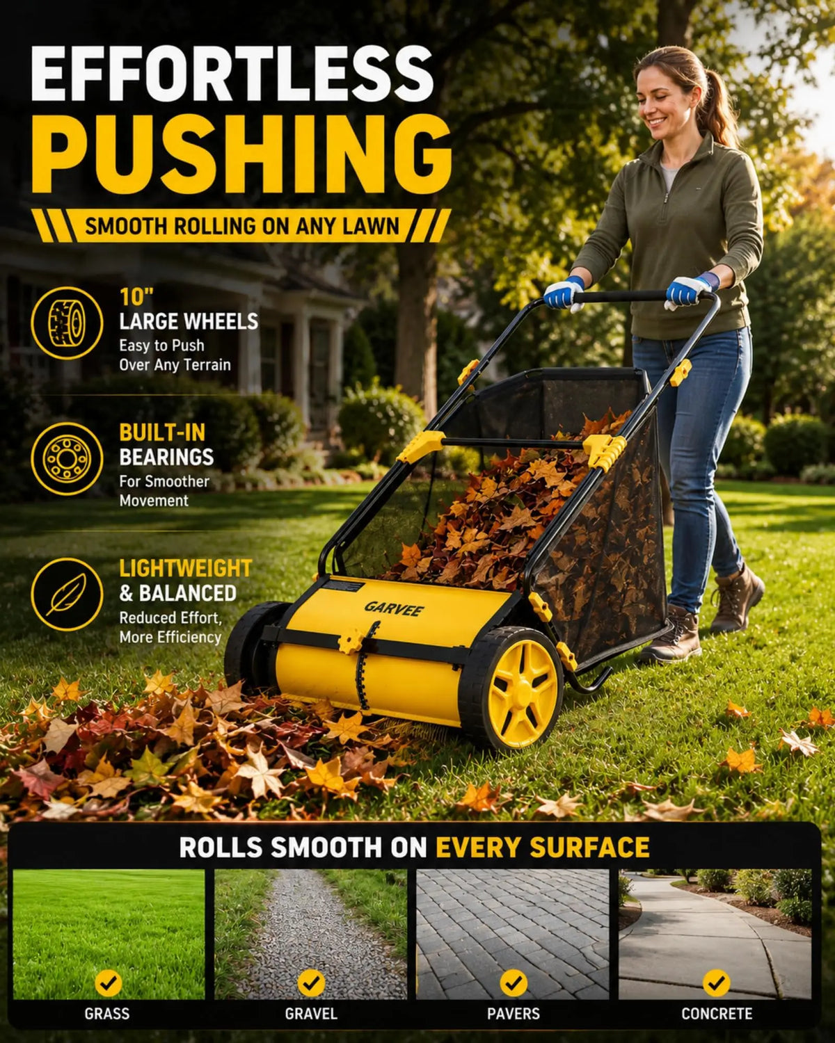 Garvee 21 Inch Push Lawn Sweeper, Manual Leaf & Grass Collector With 3.5 Cu.Ft. Mesh Bag, Wheel-Driven Yard Sweeper, 10-Level Height Adjust