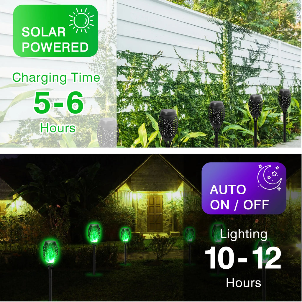 4/6/8/12Pcs Flame Torch Lights, Flickering LED, Outdoor, Solar Powered, Waterproof, 5 Colors