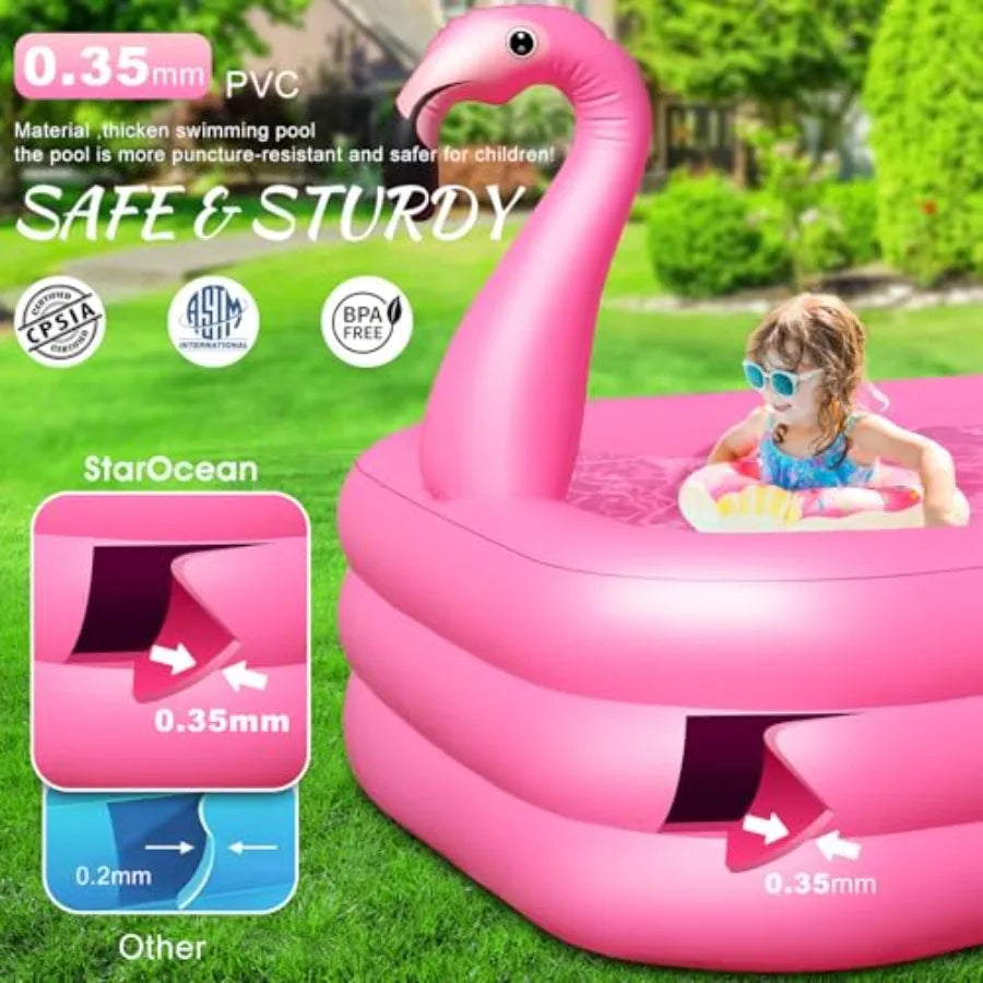 Inflatable Pool with Lights Solar Flamingo Swimming Pool for Backyard Outdoor Use Durable Thickened PVC Bright Pink 100X63X20