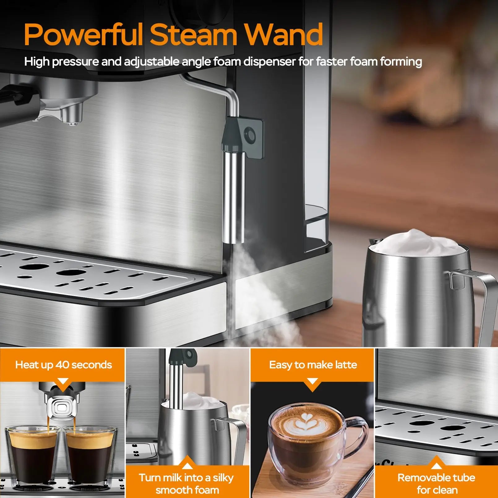 Plum Chef Espresso Machine 20 Bar Professional Compact Homehold Coffee Espresso Maker with Milk Frother Steam Wand 54oz Water Tank Low Noise and Fast Coffee Machine