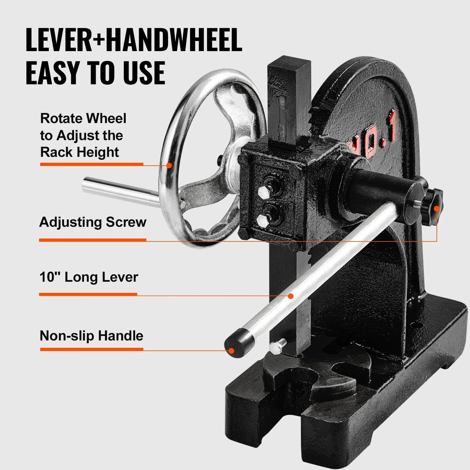 1 Ton Manual Arbor Press with Handwheel, Cast Iron, Heavy-duty, Tabletop