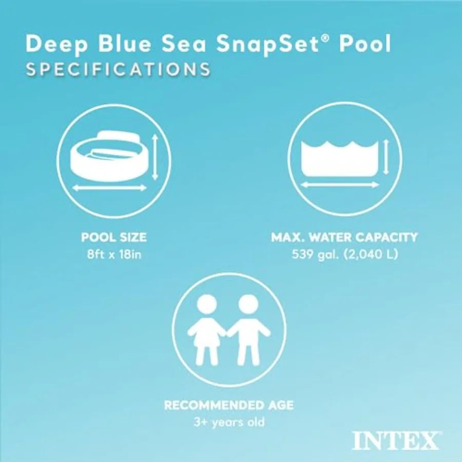 Deep Blue Sea 8 Feet x 18 Inch Snap Set Instant Round Plastic Above Ground Swimming Kiddie Pool for Ages 3 Years and Up,