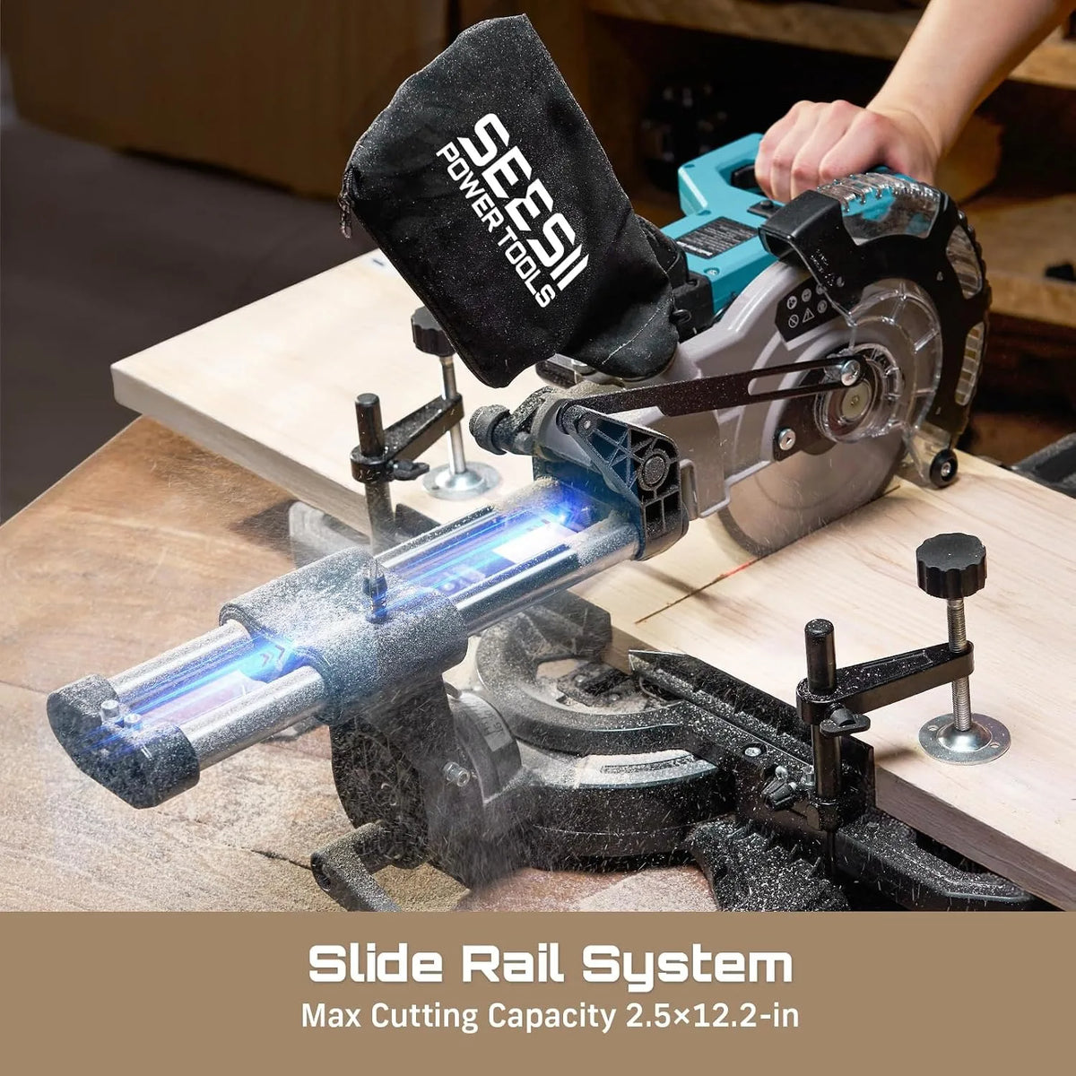 SEESII 8-Inch Sliding Compound Miter Saw Cordless Power Miter Saw with Laser Guide 2 pcs 5000 mAh Batteries Single Bevel 45° 24T TCT Blade Max Cut 2.5×12-inch Ideal for DIY & Woodworking