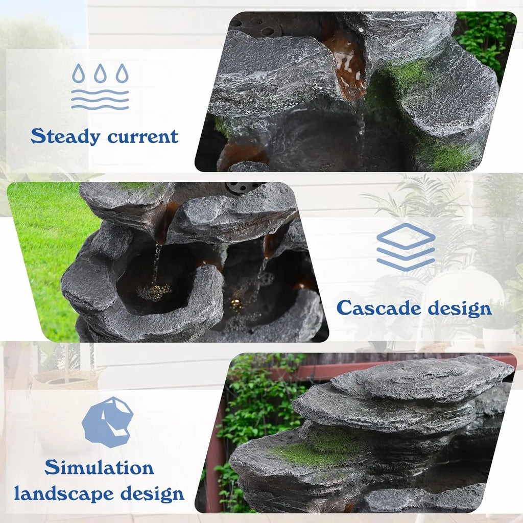 7-Tier Cascading Rock Water Fountain Outdoor Garden Waterfall with Lights,Fountain Indoor Decor for Garden, Patio, Backyard