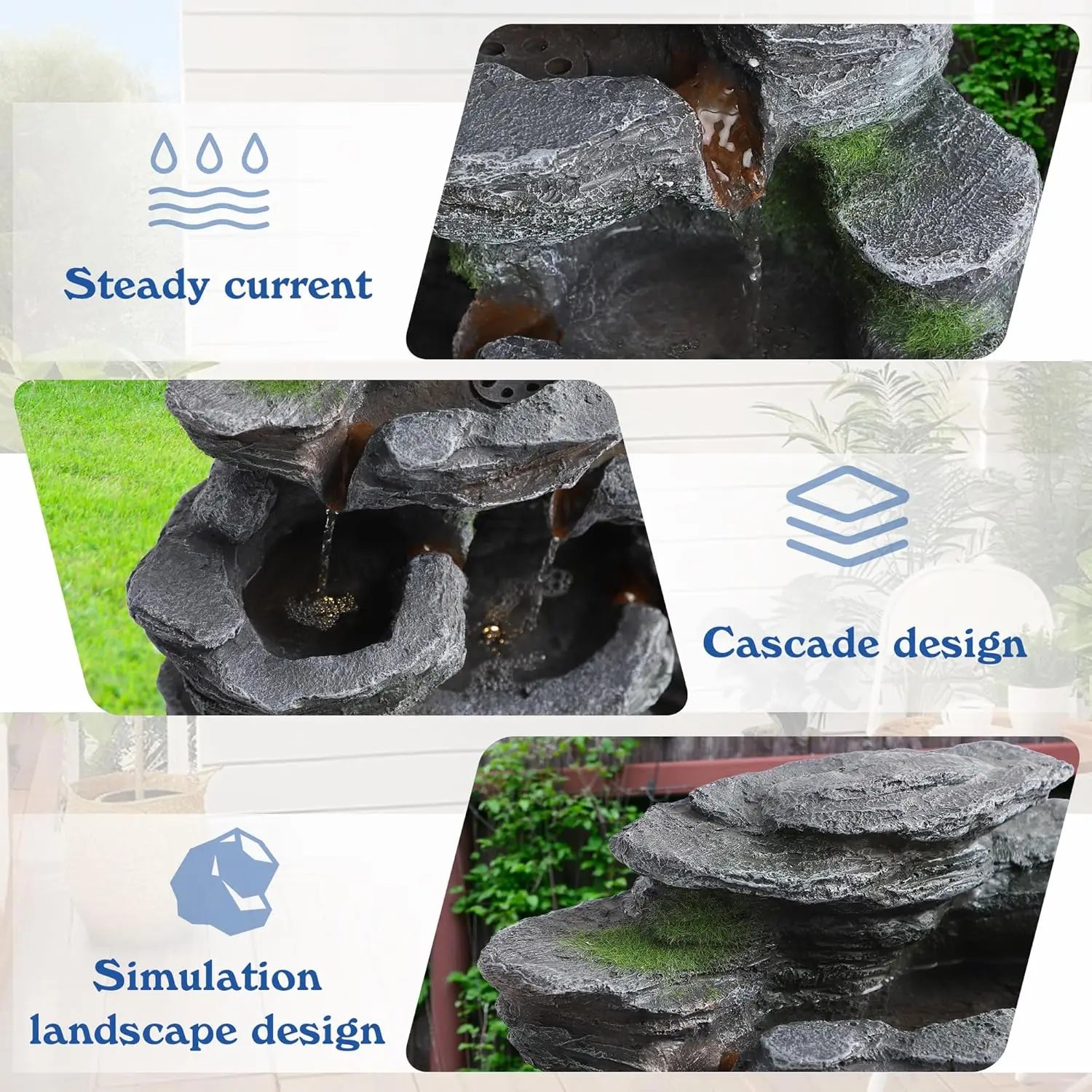 7-Tier Cascading Rock Water Fountain Outdoor Garden Waterfall with Lights,Fountain Indoor Decor for Garden, Patio, Backyard
