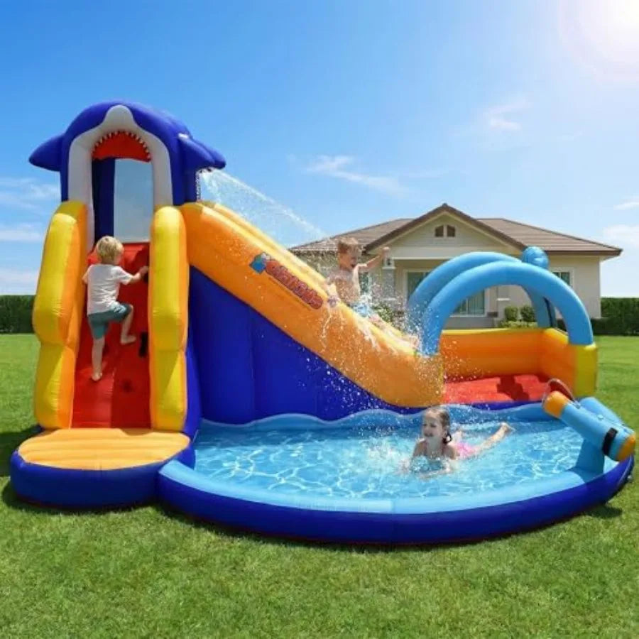 OlaKids Outdoor inflatable water slide for backyard use PVC material blue and gray 14FT x 10FT x 8.5FT shark theme with splash pool, stairs & water cannon