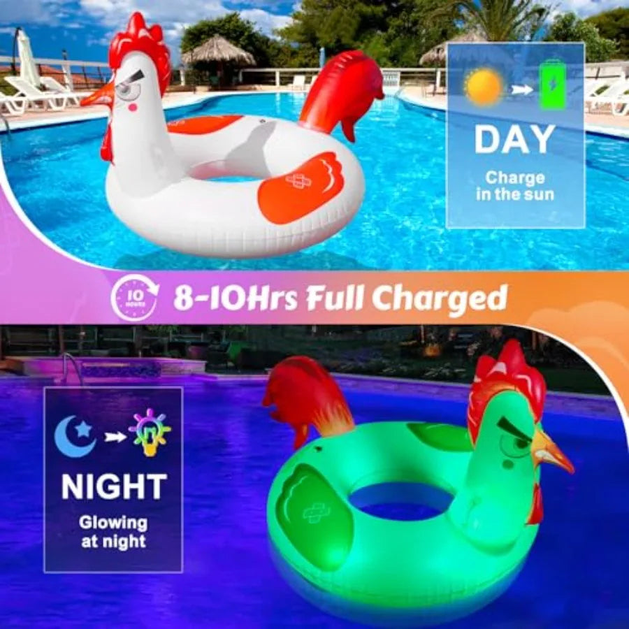 Inflatable Pool Floats with Lights, 63" Chicken Pool Floaties with Solar Powered RGB Color Changing, Large Animal Pool Floats A