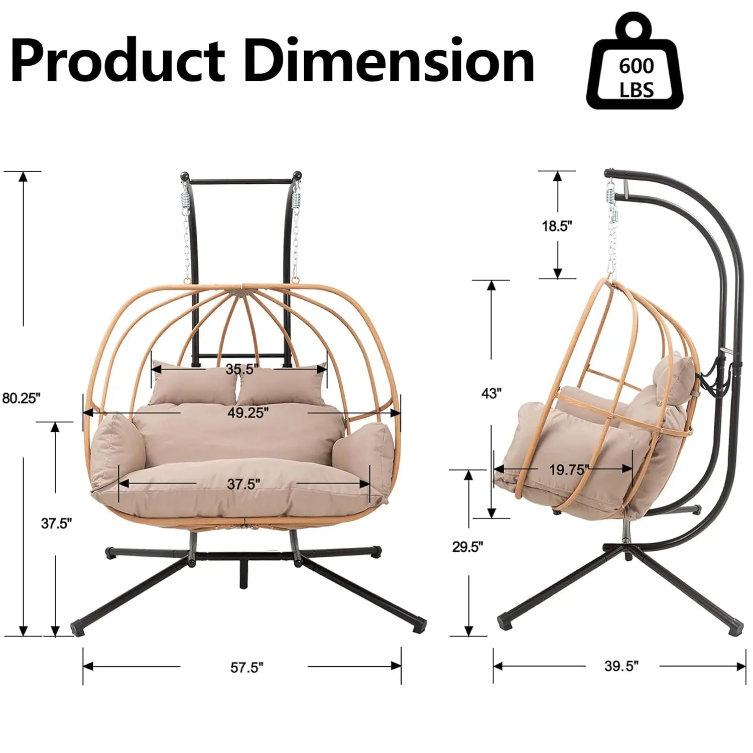 Double Egg Hanging Swing Chair with Stand Cushions Headrest 80"H Metal Basket for Indoor Outdoor Patio Deck Brown, Customized