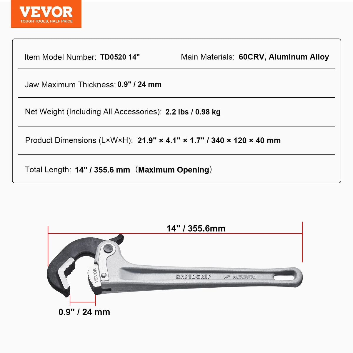 Vevor Pipe Wrench Aluminum Straight Pipe Wrench Adjustable Plumbing Wrench High Strength Jaw & Ergonomic Handle Automotive