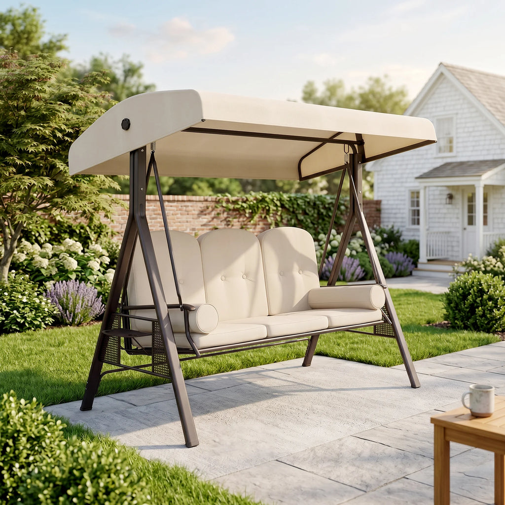 3-Person Outdoor Canopy Patio Cushioned Bench Porch Swing Seat, Beige