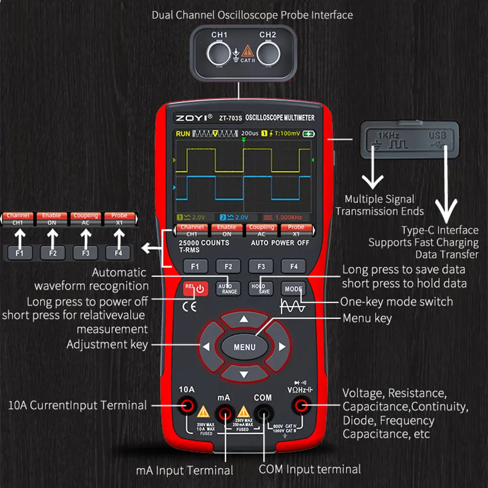 ZOYI ZT-703 Handheld digital oscilloscope multimeter three-in-one two-channel oscillometer signal generator electrician
