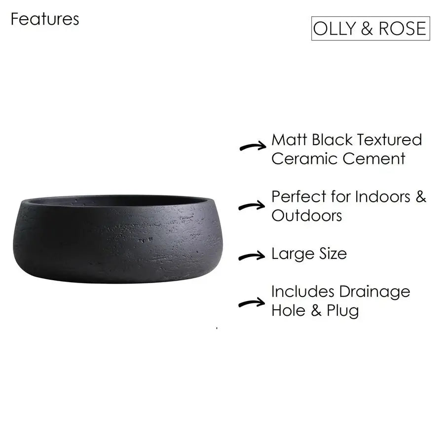 Large Ceramic Planter Bowl, Shallow Plant Pot, Matt Black Flowerpot, Indoor and Outdoor Garden Decor