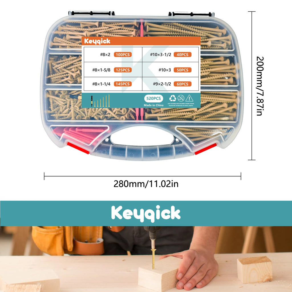 Keyqick 520PCS Rust Proof, Epoxy Coating, #8, #9, #10 Yellow Torx Wood Screws, Yellow Plum Blossom Wood Screws, Rustproof Heavy-Duty Screws with T25 Bit & Toolbox for Outdoor Deck Furniture, Torx/star Drive Head
