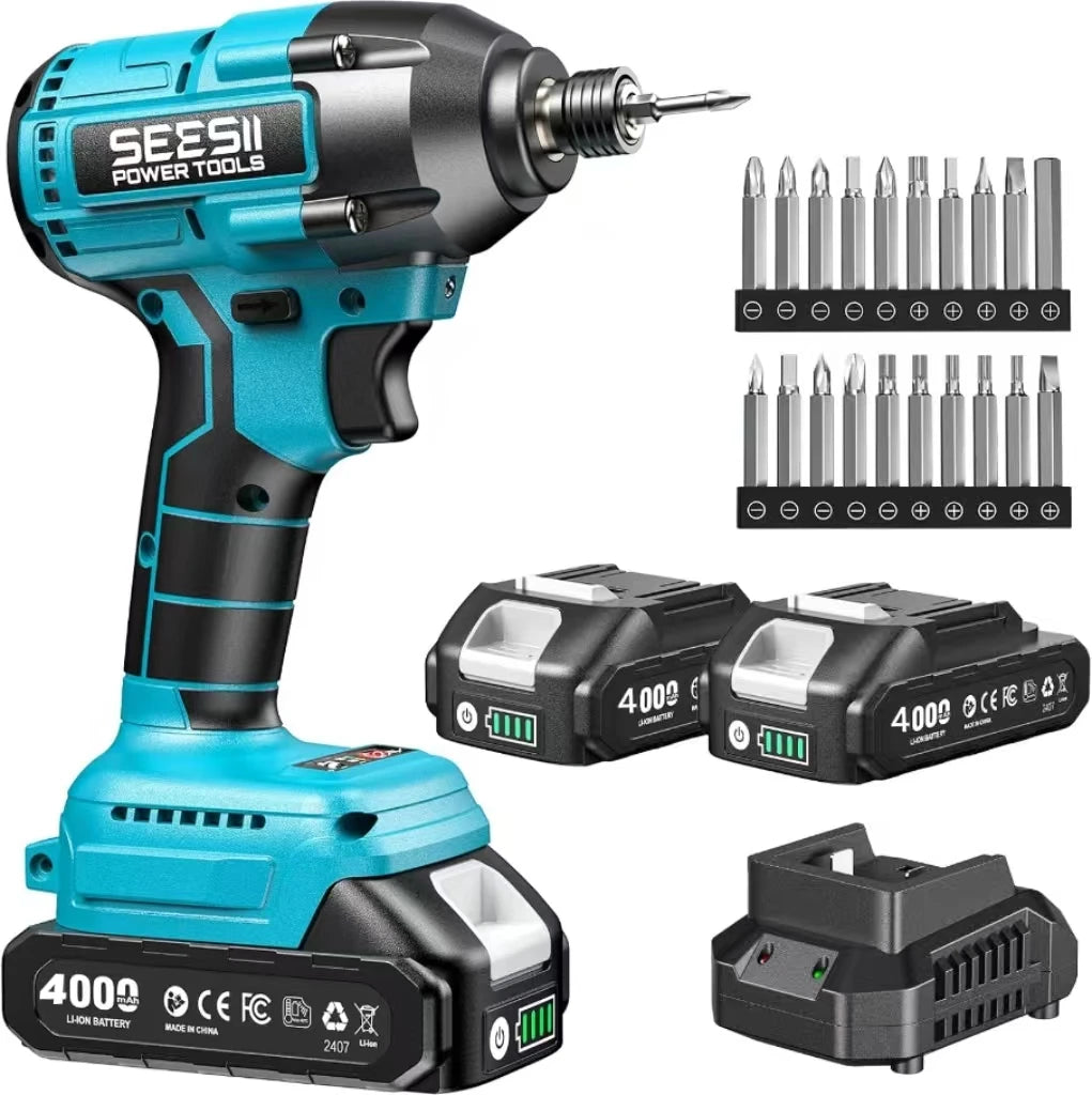 SeeSii Cordless Impact Driver Kit 21V Brushless Electric Wireless Screwdriver 2200 In-Lbs. 1/4' Hex Chuck 0-3000RPM Variable Speed With 2*4.0Ah Batteries 20Pcs Driver Bits LED Light