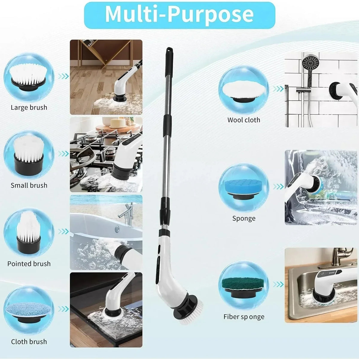 Cordless Electric Spin Scrubber Rechargeable Power Cleaning Brush with 3 or 9 Replaceable Brush Heads Powerful Motor Metal Gear System Extendable Rod Adjustable Handle for Bathroom Kitchen Car Tile Floor Bathtub Shower Grout