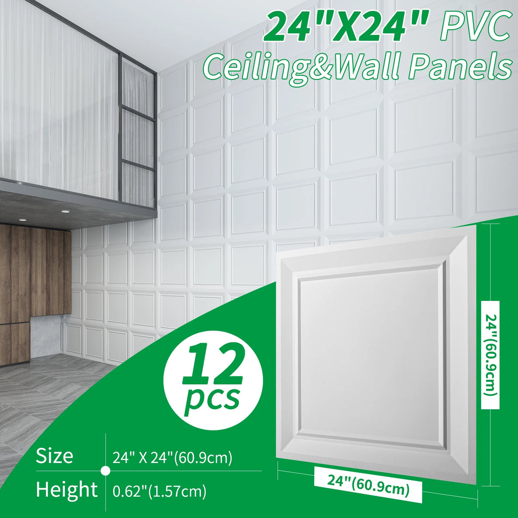 PVC Drop Ceiling Tiles, 24" x 24", Fire Rated And Waterproof, Covers 48 Square Feet