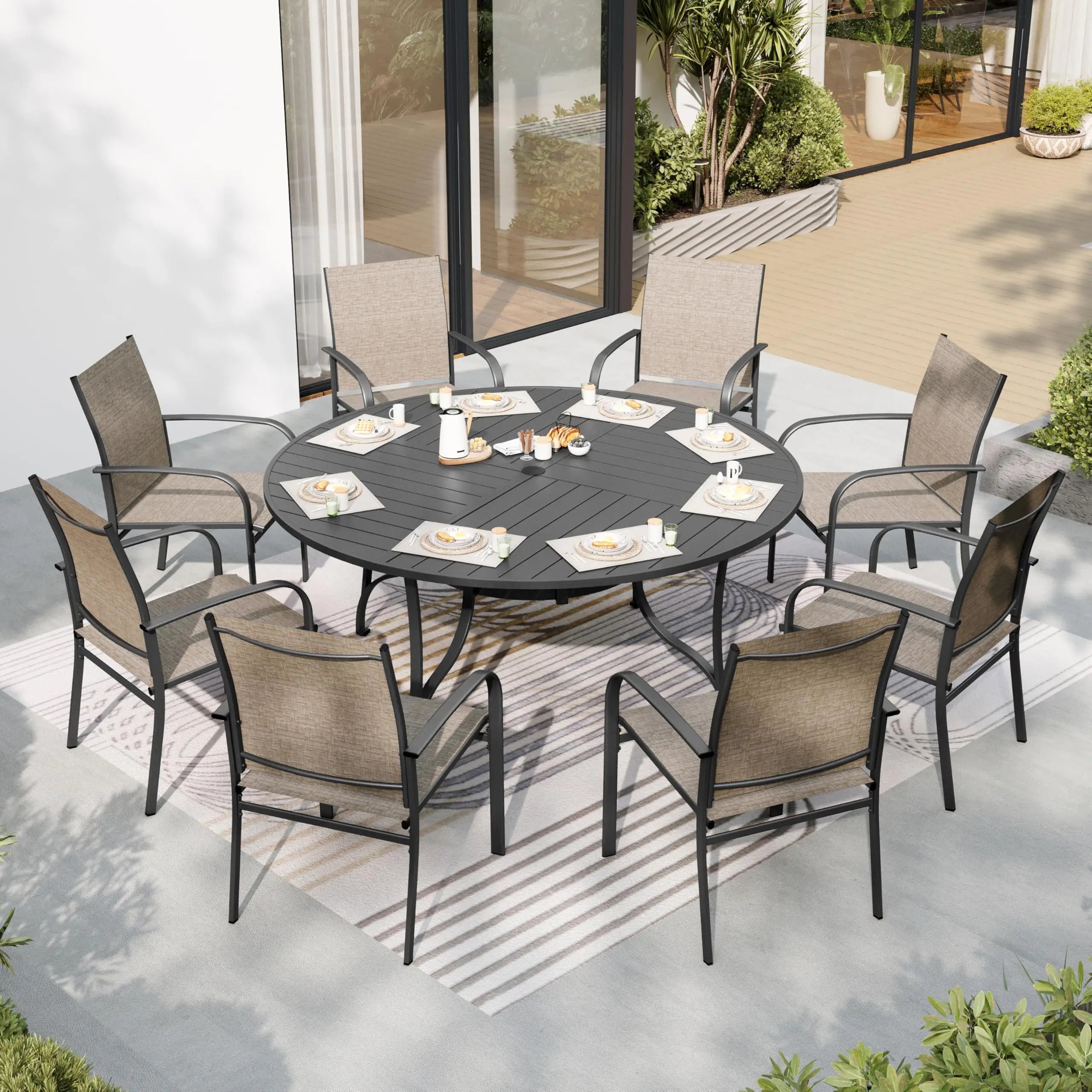 SUNSHINE VALLEY 5/9 Piece Patio Dining Set, Square Table with Umbrella Hole, 4 Metal Brown Chairs, Outdoor Table Chairs Set
