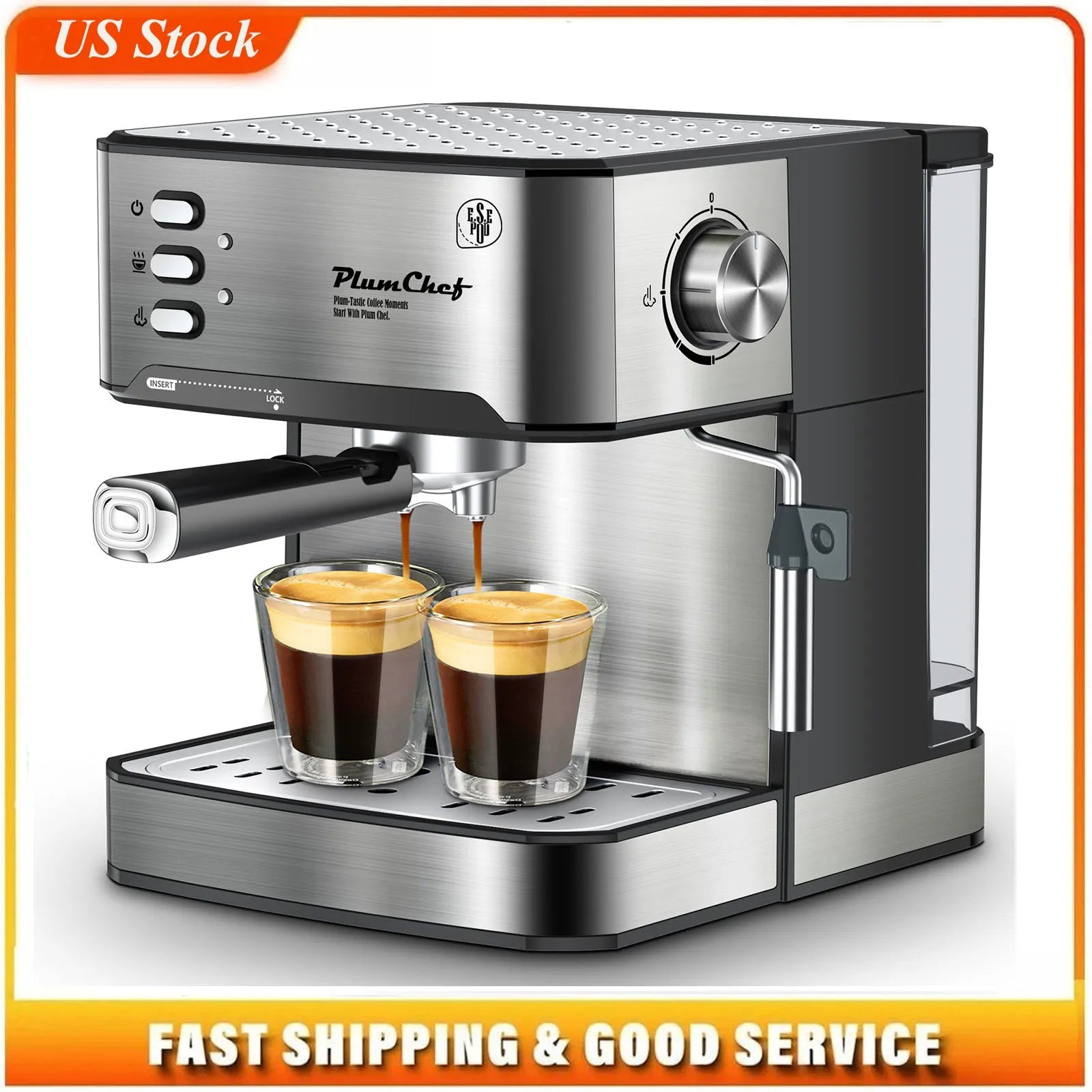 Plum Chef Espresso Machine 20 Bar Professional Compact Homehold Coffee Espresso Maker with Milk Frother Steam Wand 54oz Water Tank Low Noise and Fast Coffee Machine