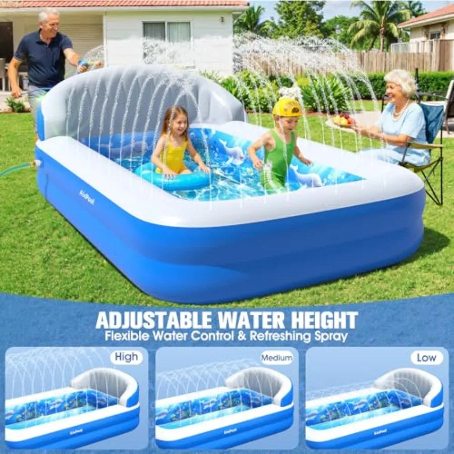 2026 AixPool Inflatable Pool with Sprinkler, Durable Blow-up Pool with Big Backrest, Rectangle Pool Backyard, Swimming Pool, Small Infl