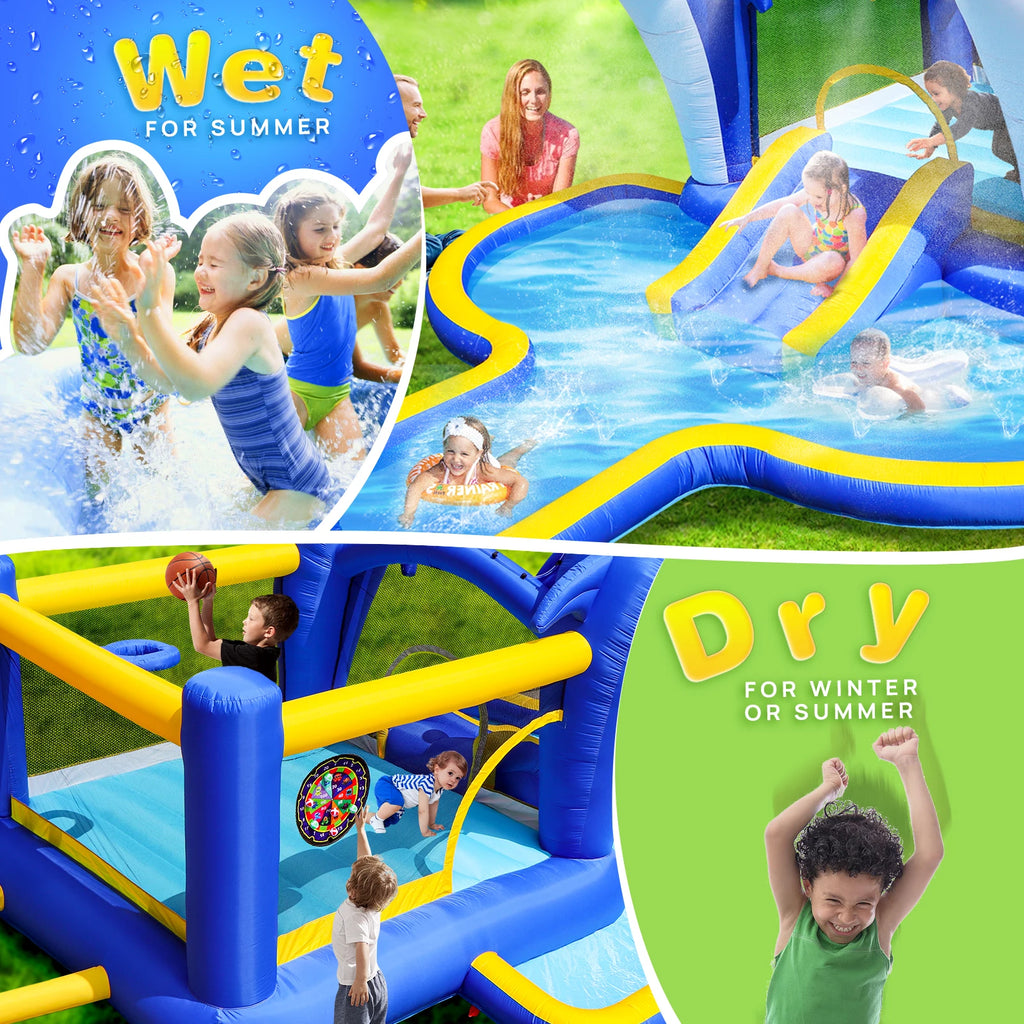 8 in1 Inflatable Slide Water Park Trampoline Bouncing House Outdoor Garden With Dolphin Sprinkler Target Games Water Gun Basketball