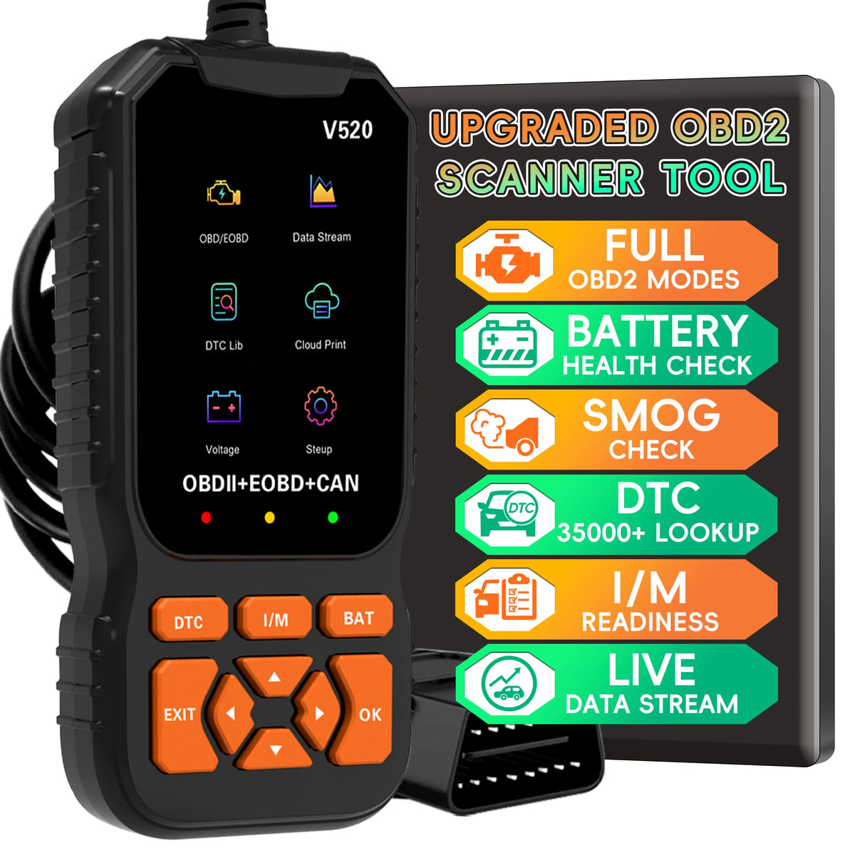 V520 OBD2 Scanner Diagnostic Tool Code Reader for All OBDII Cars | Read & Clear Engine Codes, Live Data Stream, Battery Test, I/M Readiness, O2/EVAP Test, OBDII/EOBD
