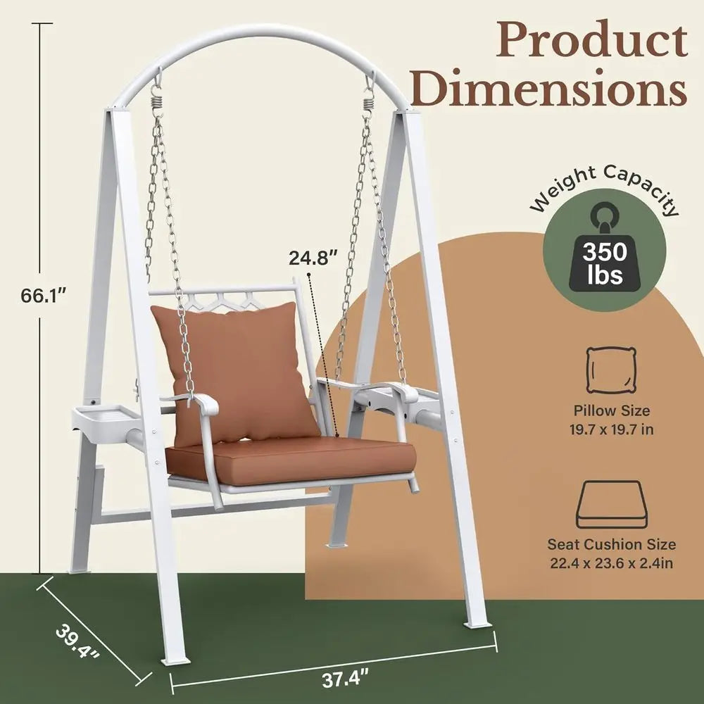 Porch Swing with Stand, 350lbs Heavy-Duty Metal e Outdoor Swing or Adults with Dual Side Trays, Adjustable Chains, Zippered Remo