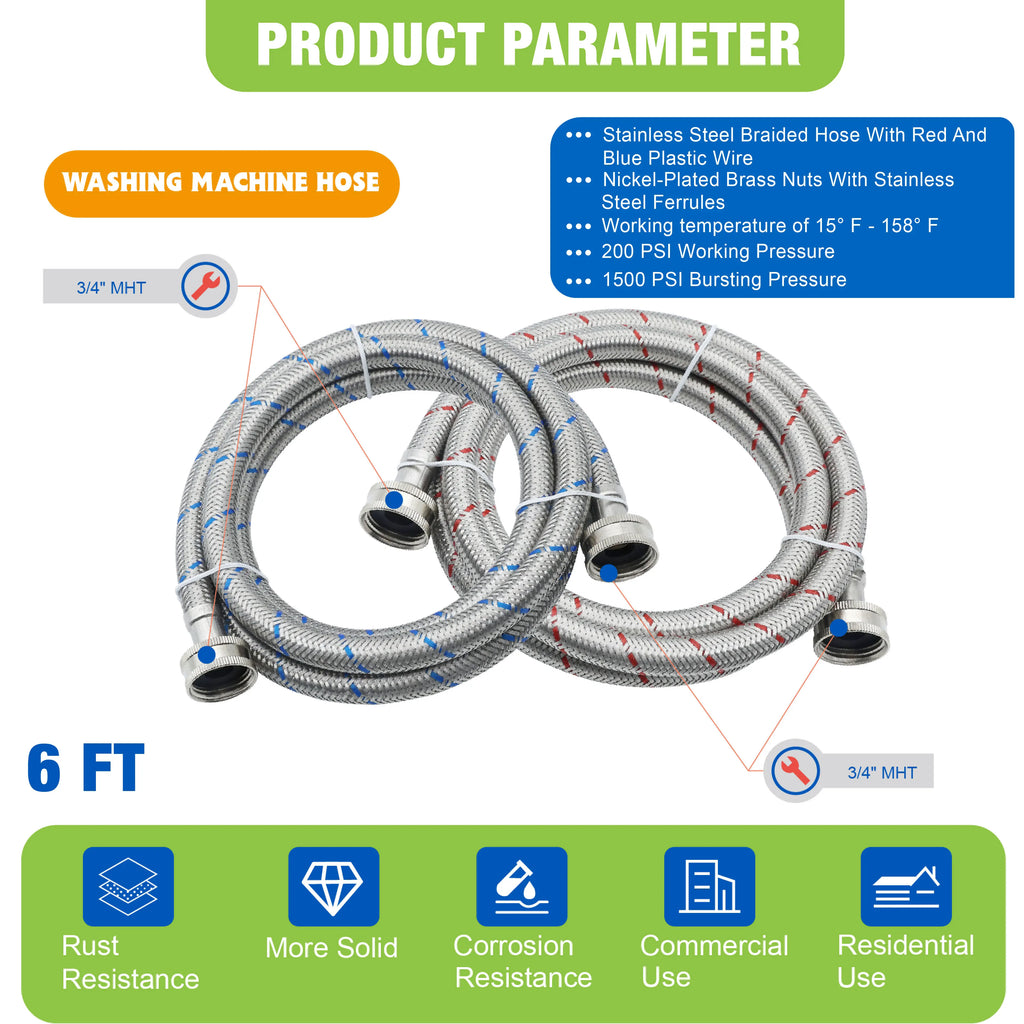 Washing Machine Hose, Stainless Steel Braided, Burst Proof, 6 Foot, Hot and Cold Water Lines