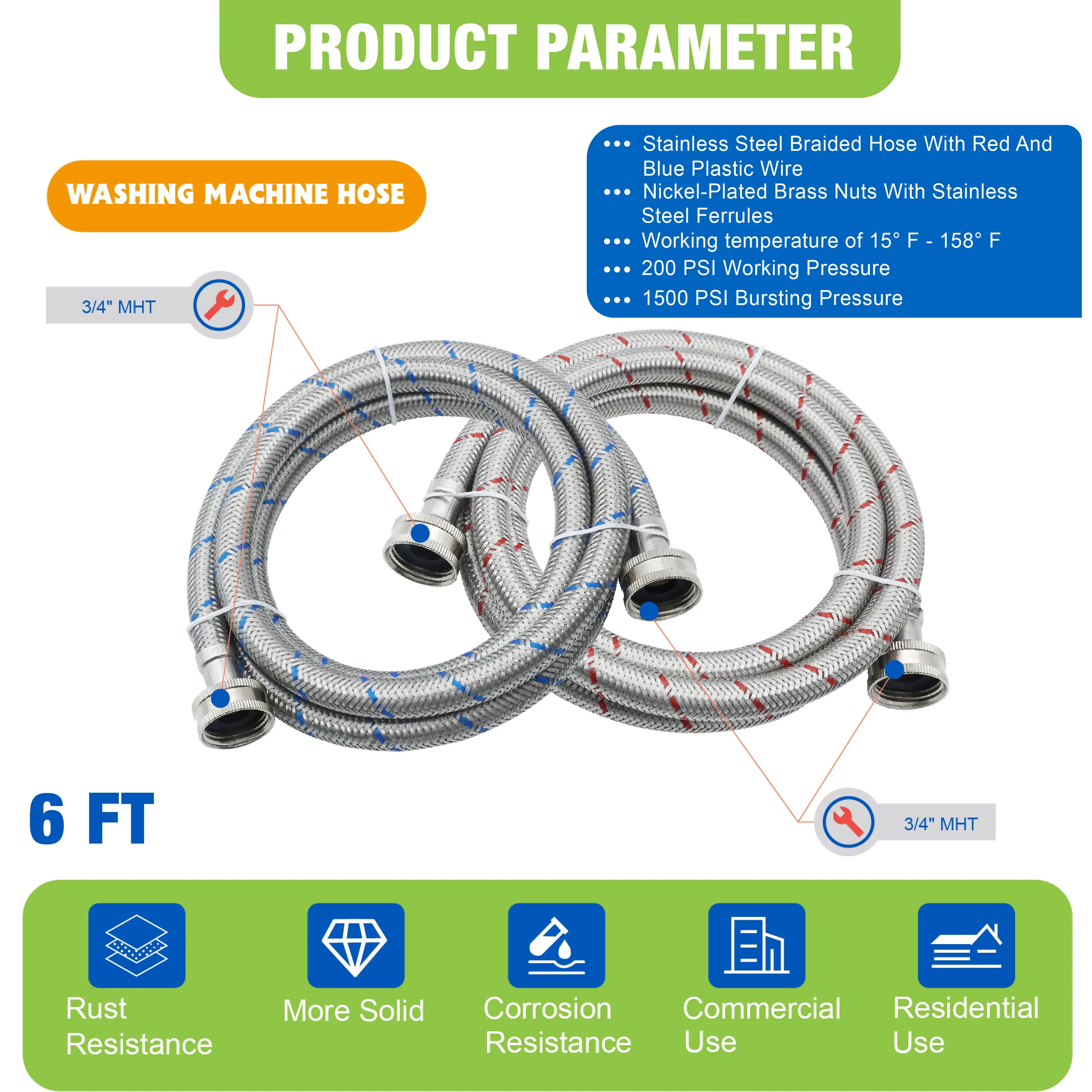 Washing Machine Hose, Stainless Steel Braided, Burst Proof, 6 Foot, Hot and Cold Water Lines