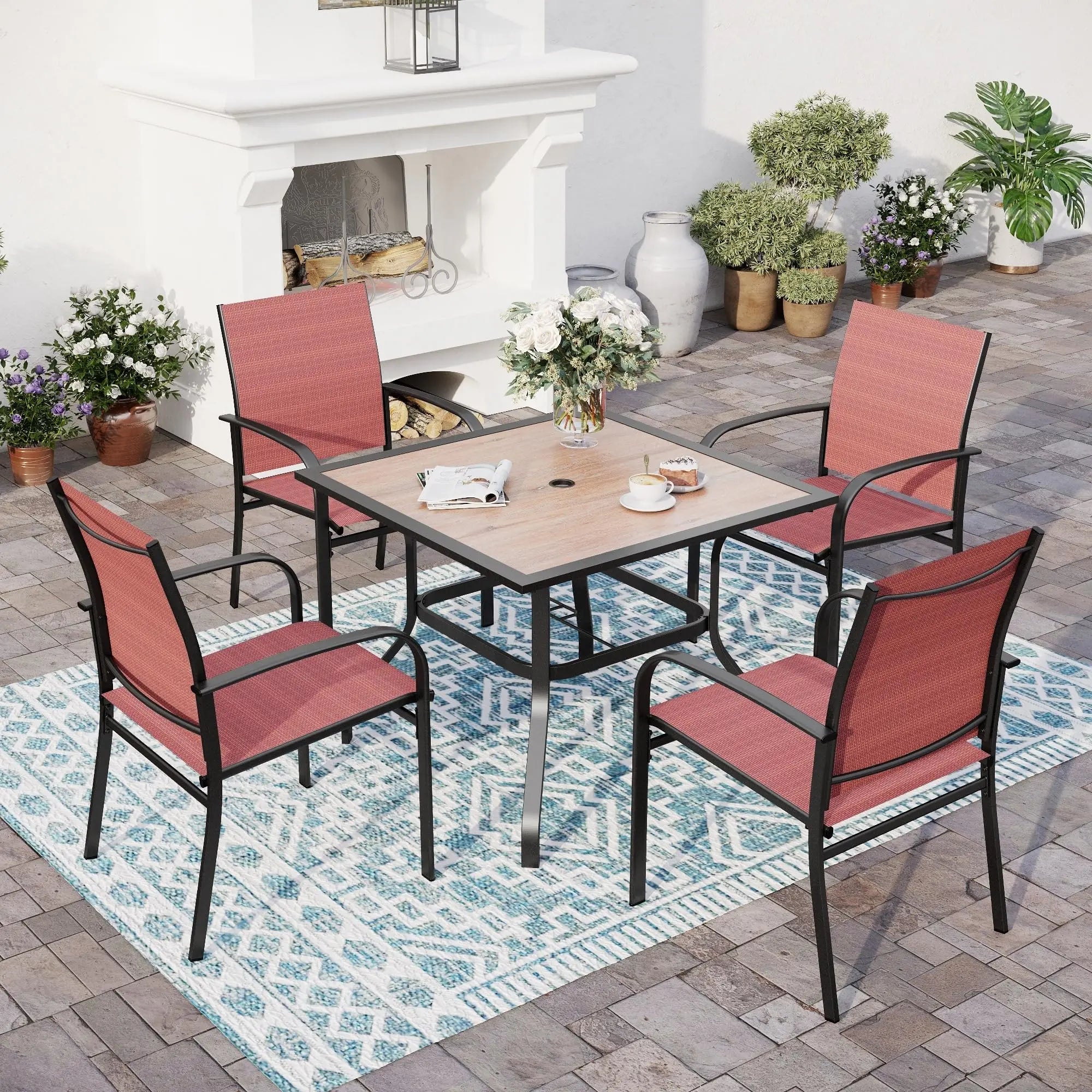 SUNSHINE VALLEY 5/9 Piece Patio Dining Set, Square Table with Umbrella Hole, 4 Metal Brown Chairs, Outdoor Table Chairs Set