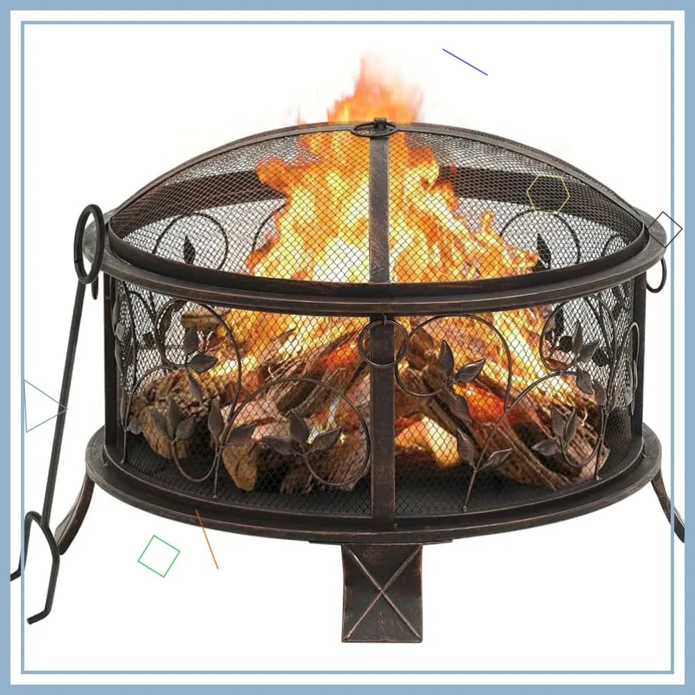 26.6 Inch Steel Firepit, Firepit with Mesh Cover & Poker, Large Rustic Fire Bowl.