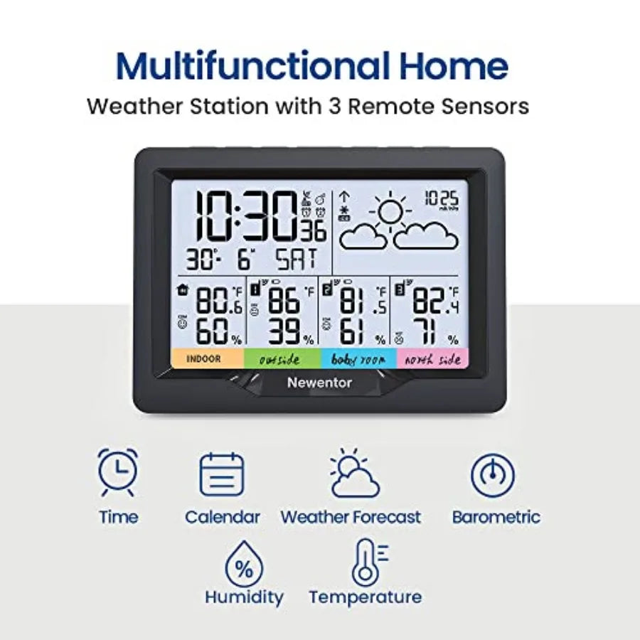Weather Station Wireless Indoor Outdoor Multiple Sensors, Digital Atomic Clock Weather Thermometer, Temperature and Humidity Mo