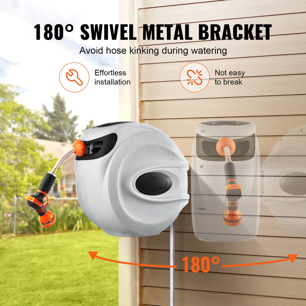 SucceBuy Retractable Hose Reel 180° Swivel Bracket Wall-Mounted Garden Water Hose Reel with 9-Pattern Nozzle Automatic Rewind