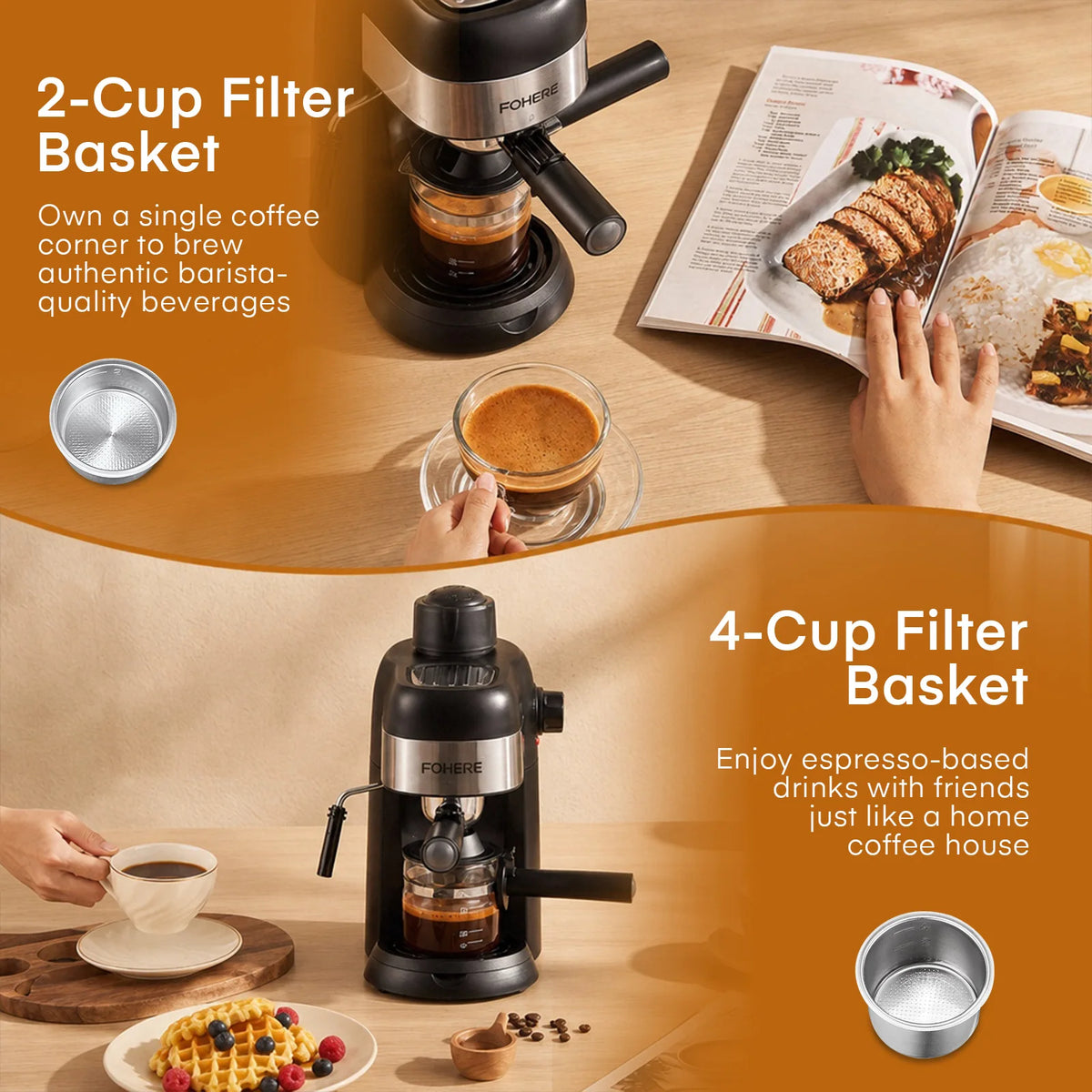 Fohere Steam Espresso Machine, 3.5 Bar 4 Cup, Professional Compact Espresso and Cappuccino Maker with Milk Frother and Carafe for Coffee, Latte and Mocha
