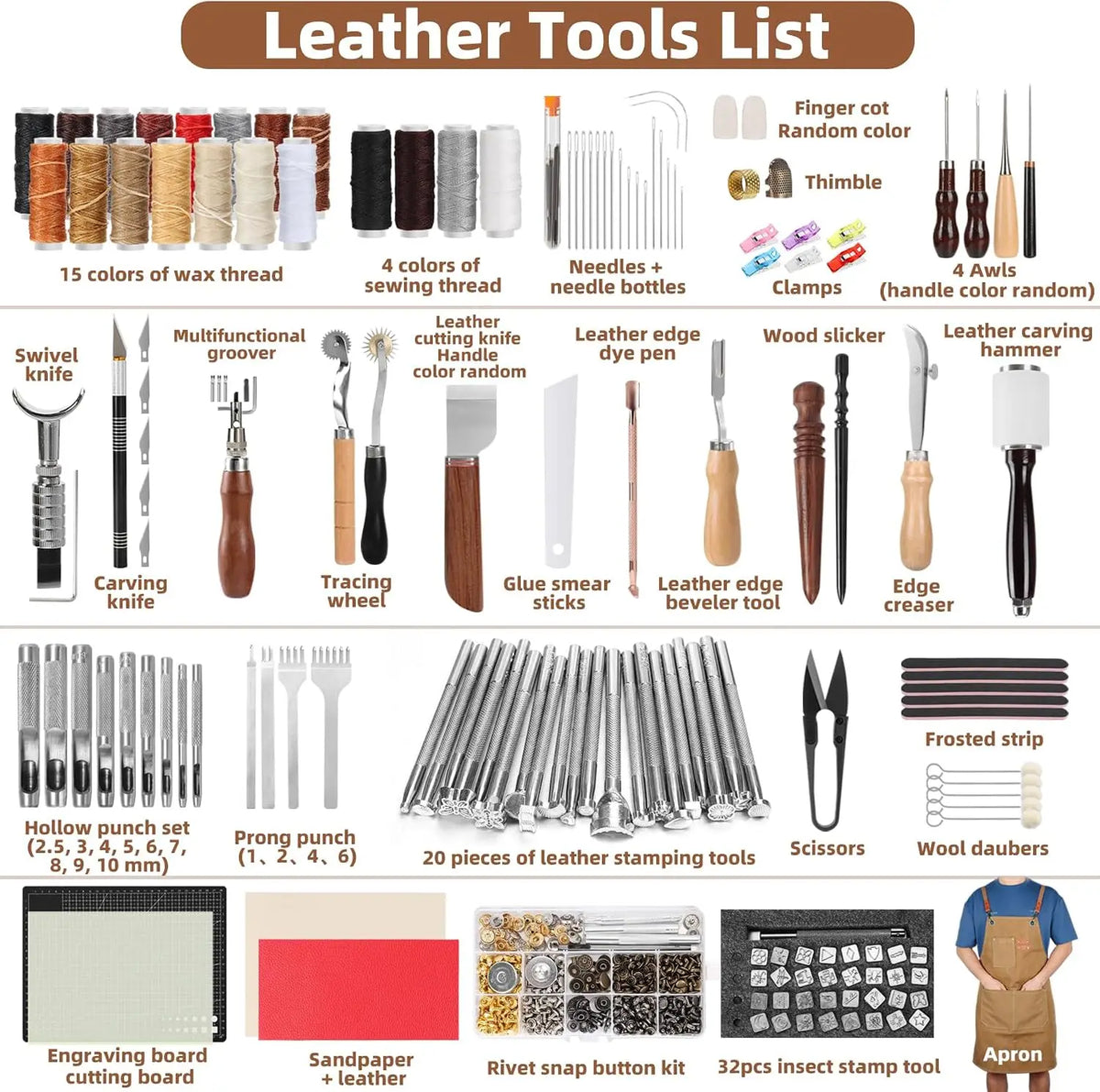 Tanzfrosch Leather Working Tooling Kit All-in-One Set Leatherworking Crafting Tools with Apron Custom Handbag Cutting Mats Stamping Engraving Punching Sewing Sanding Tools for Leather Making Repair Professional