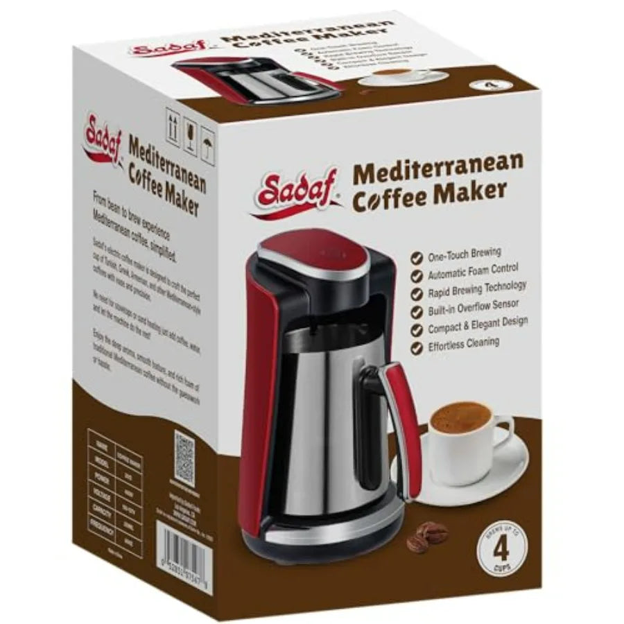 One-Touch Mediterranean Coffee Maker Electric Turkish Greek and Armenian Coffee Machine Stainless Steel 250ml Red Foam Control