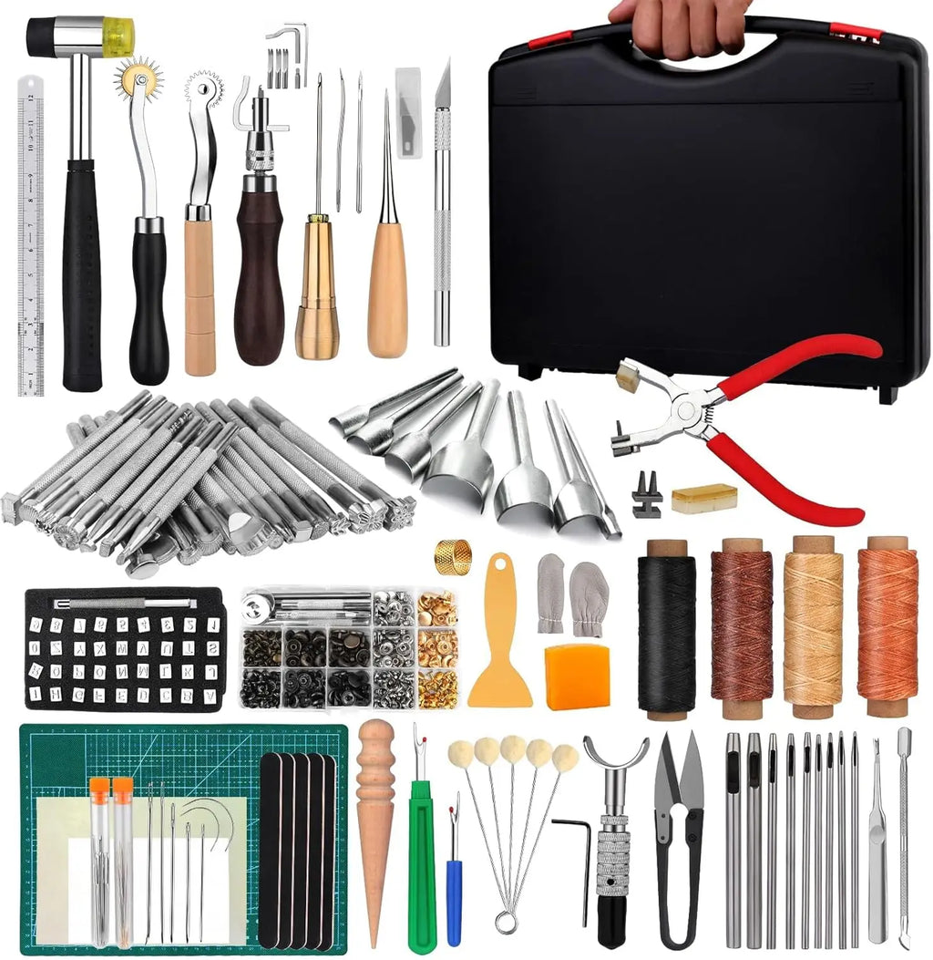 273-Piece Leather Crafting Kit, Leather Working Kit With Toolbox, Cutting Mat, Stamps, and Rivets for DIY Projects
