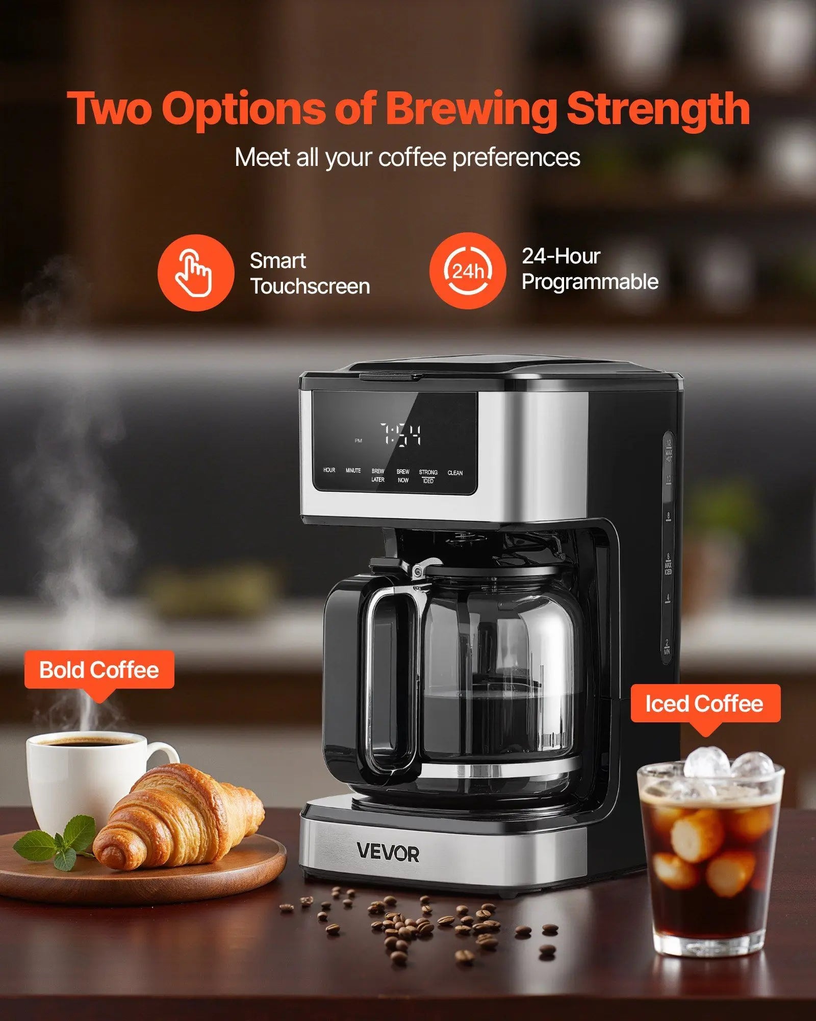 Vevor Programmable Coffee Maker, 12 Cup Programmable Drip Coffee Makers with Touch Screen, 4-Hour Keep Warm Coffee Maker