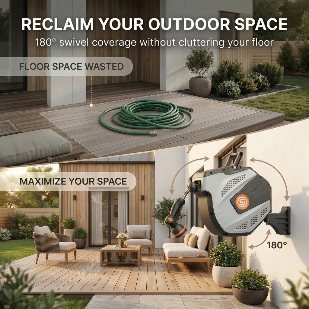 SUNPOW Retractable Wall Mounted Garden Hose Reel, Heavy-Duty 1/2 inch X 50ft, Leak-Proof 3/4 inch Brass Fitting, 10-Pattern Spray Nozzle, Any Length Lock, Auto Rewind, 180° Swivel Bracket for Garden Watering Car Washing, Gre