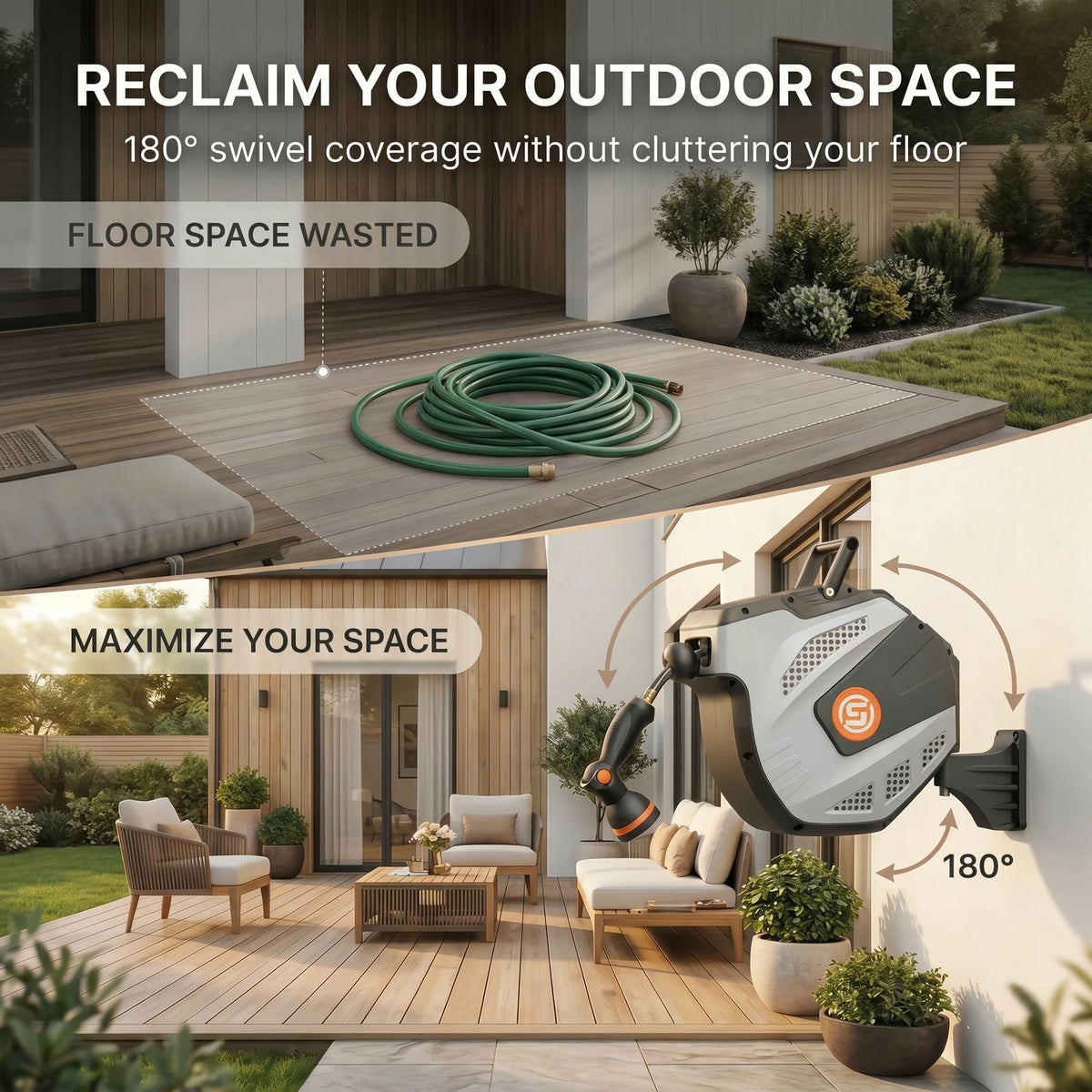 SUNPOW Retractable Wall Mounted Garden Hose Reel, Heavy-Duty 1/2 inch X 50ft, Leak-Proof 3/4 inch Brass Fitting, 10-Pattern Spray Nozzle, Any Length Lock, Auto Rewind, 180° Swivel Bracket for Garden Watering Car Washing, Gre