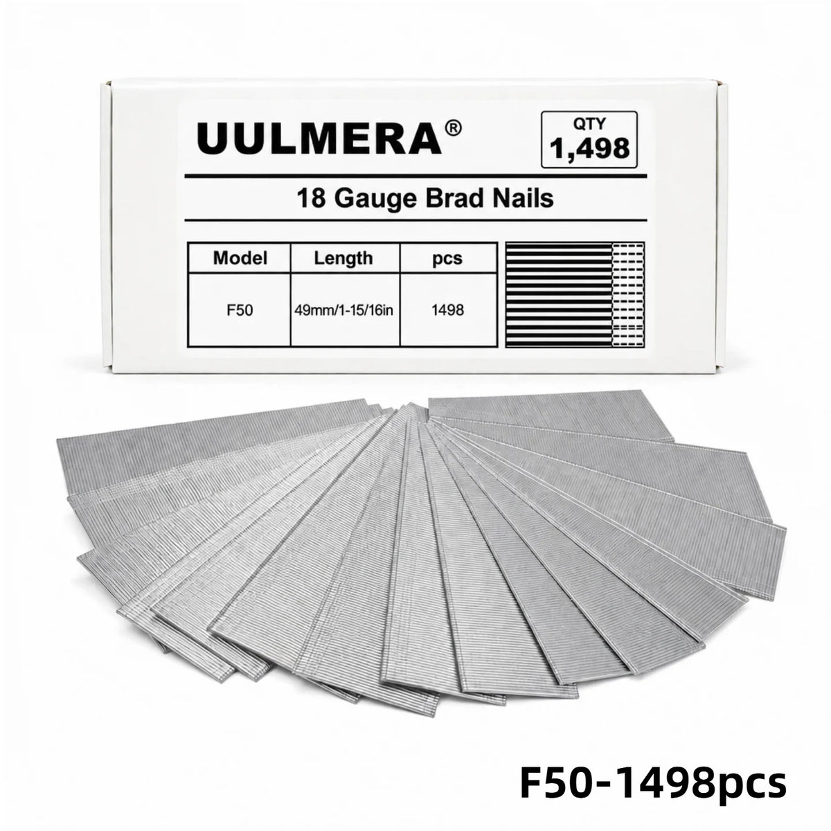 UULMERA 1498PCS 18 Gauge Brad Nails, F15/F20/F25/F30/F38/F50 Galvanized Nail Gun Nails for Pneumatic, Electric Brad Nailer Gun