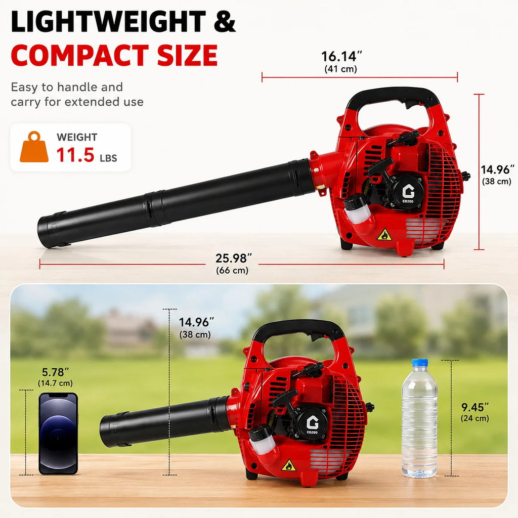 28CC Gas Leaf Blower Handheld 2 Stroke Engine 490CFM 280MPH High Airflow Lightweight Lawn Blower for Yard Garden Driveway Patio Debris Cleaning