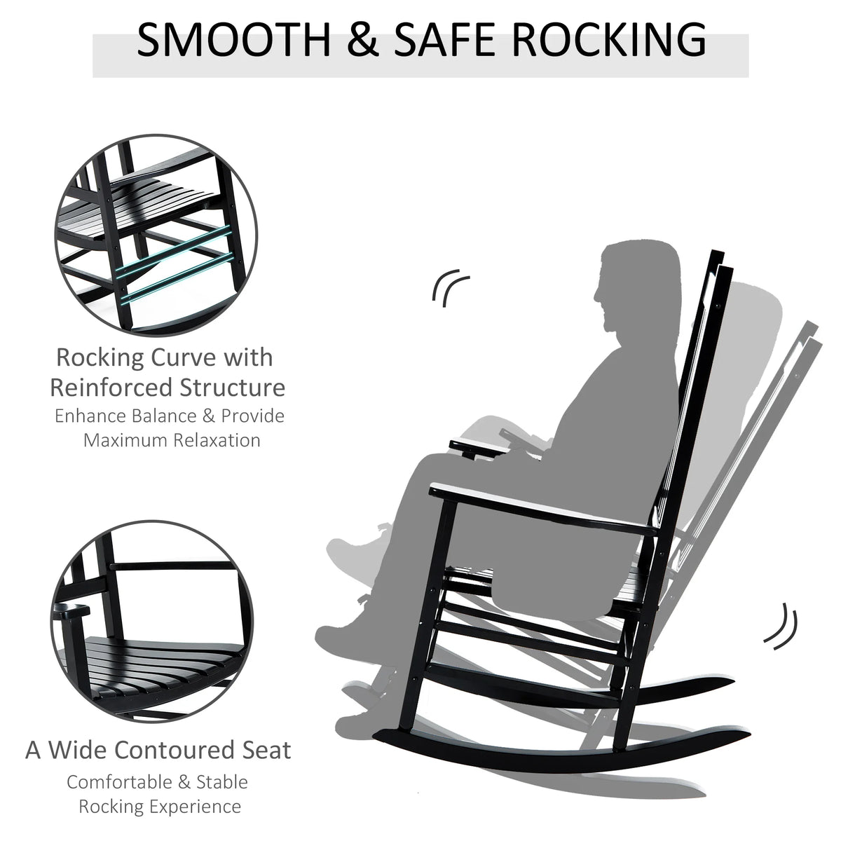 Outsunny Outdoor Rocking Chair, Wooden Rustic High Back All-Weather Rocker, Slatted for Indoor, Backyard & Patio, Black