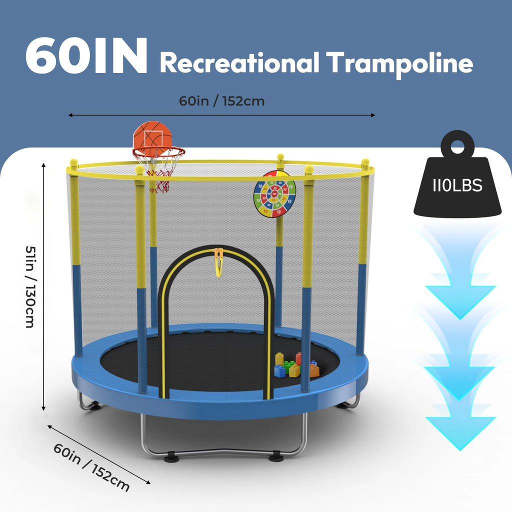 60" Trampoline for Kids with Net, 5FT Indoor & Outdoor Small Toddler Trampoline with Basketball Hoop & Dart Board for Ages 1-8,