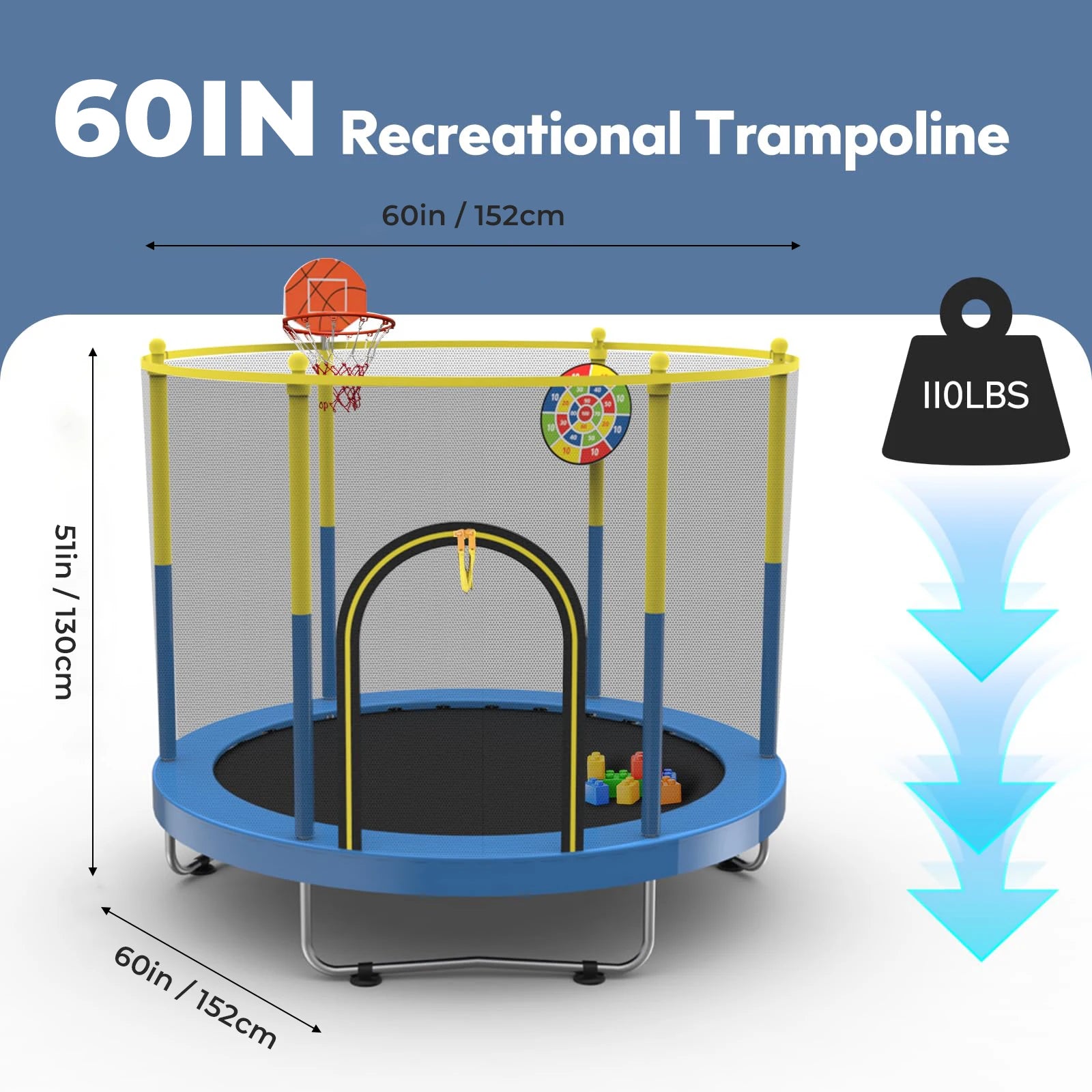 60" Trampoline for Kids with Net, 5FT Indoor & Outdoor Small Toddler Trampoline with Basketball Hoop & Dart Board for Ages 1-8,
