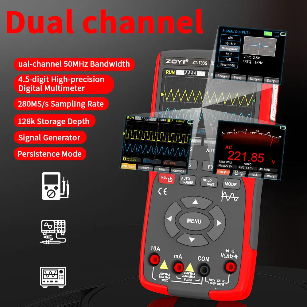 ZOYI ZT-703 Handheld digital oscilloscope multimeter three-in-one two-channel oscillometer signal generator electrician